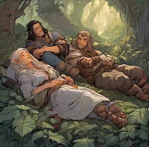 adventurers sleeping in a forest - Catnap